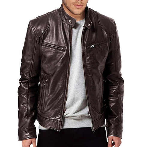 Slim Fit Casual Leather Motorcycle Jacket for Men - Stylish Autumn PU Coat with Lapel and Anti-Wind Features, Perfect for Everyday Wear